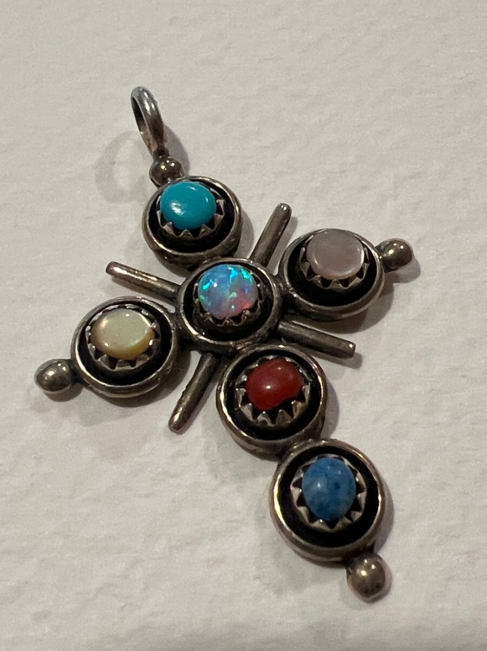 Sterling Silver Multi-Stone Cross Pendant - Turquoise, Red, Blue, Opal Accent - Picture 4 of 7